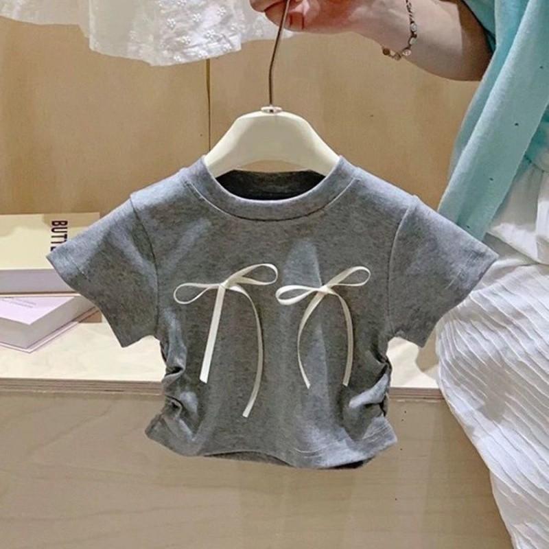 

Stylish Korean Summer Girls Two Piece Set With Butterfly Knot Short Sleeve T-shirt And Lace Skirt Pants Top,80cm/31.50in