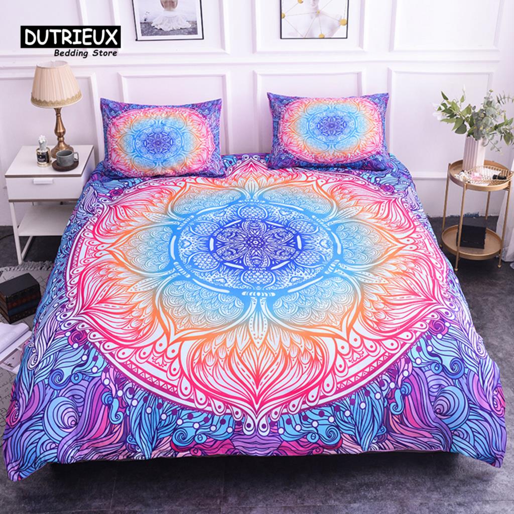 Colorful Mandala Duvet Cover Set Bohemian Style Pastel Toned Abstract Flower Design Print Bedding Set Quilt Cover Pillow Covers