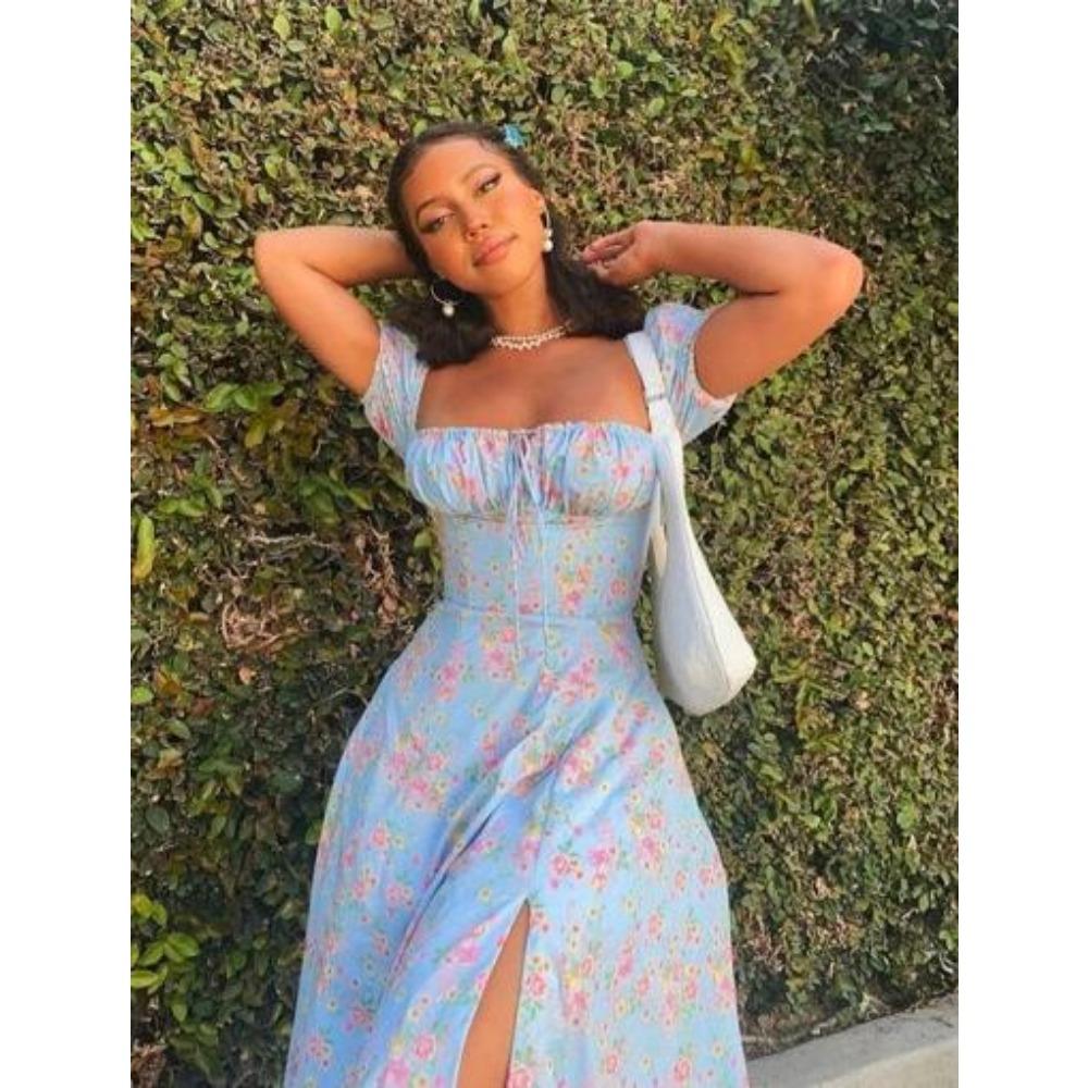 Women's Printed French Floral Backless Slim-fitting Suspender Split-ended Dress
