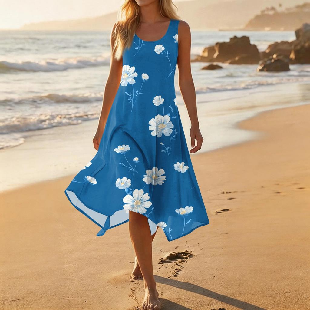 Women's Casual Sleeveless Floral Print Dress Mid-Length Round Neck Irregular Hem Summer Beach Dress