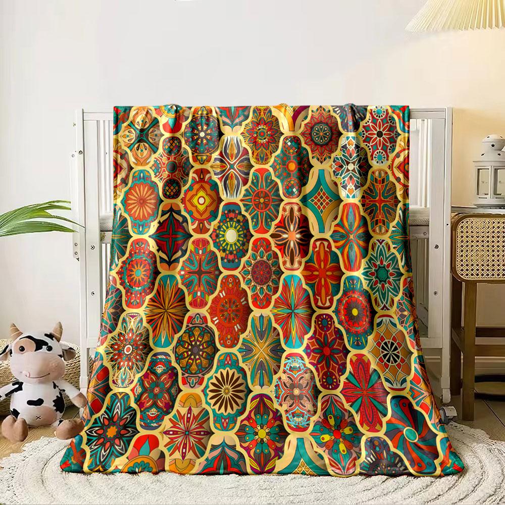 Intricate geometric tiles with vibrant floral and starburst designs. for all seasons blanket lunch break throw gift 80cm x 120cm