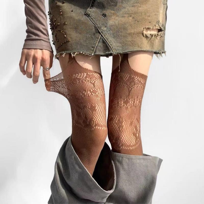 Women Hollowout Garter Belt Pantyhose Flower Lace Patterned Sheer Thigh High Stockings Suspender Strap Tights Hosiery