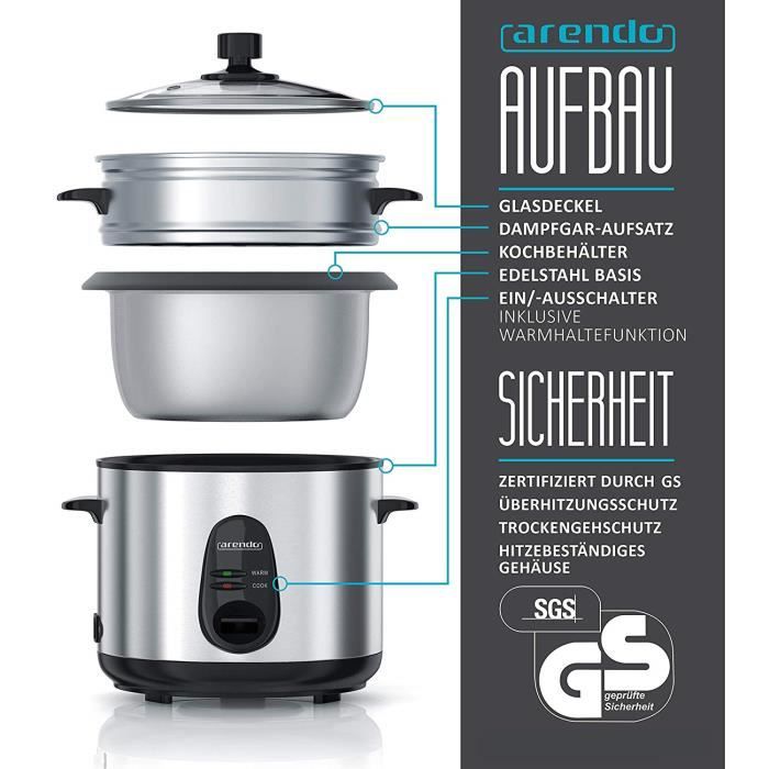 Arendo Cuiseur À Riz En Acier Inoxydable Avec Fonction Maintien Au Chaud Et Fonction Cuisson Vapeur - Cuisson Vapeur - Capacité 1,5