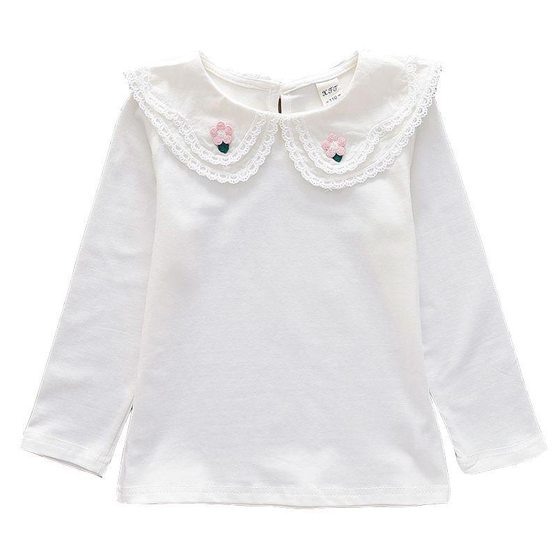Girls' White Lace Lapel Long Sleeve Spring Pullover Shirt