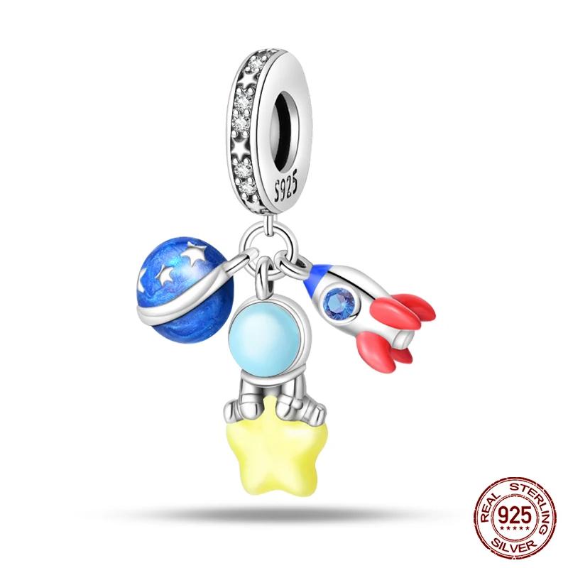 925 Sterling Silver Fashion Space Travel Collection Rocket Astronaut Charms Beads Fit 4MM hole diameter Bracelet DIY Jewelry