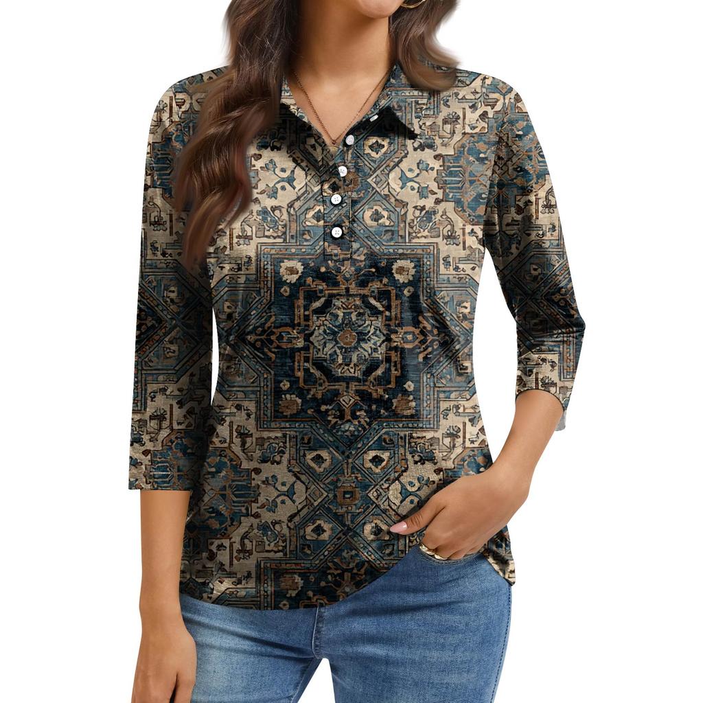 Women's Fashion Casual Lapel Short 3/4 Sleeve Print Shirt Women's Button Up Tops