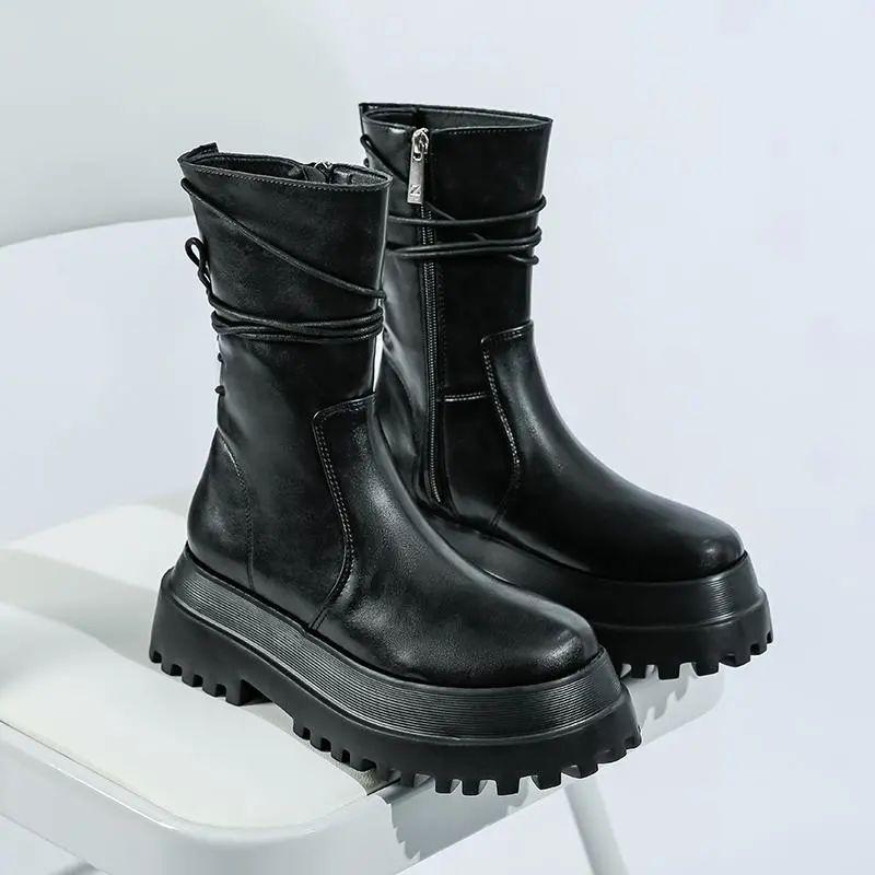 ZA full leather heightened platform Martin boots women's new short boots side zipper knight boots trendy rear lace-up medium boots RA