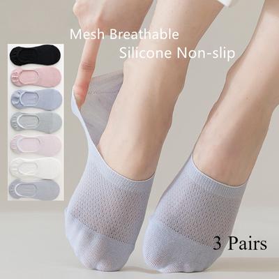 3 Pairs Women Mesh Breathable Invisible Cotton Boat Socks Ankle Low Cut Silicone Non-slip Socks