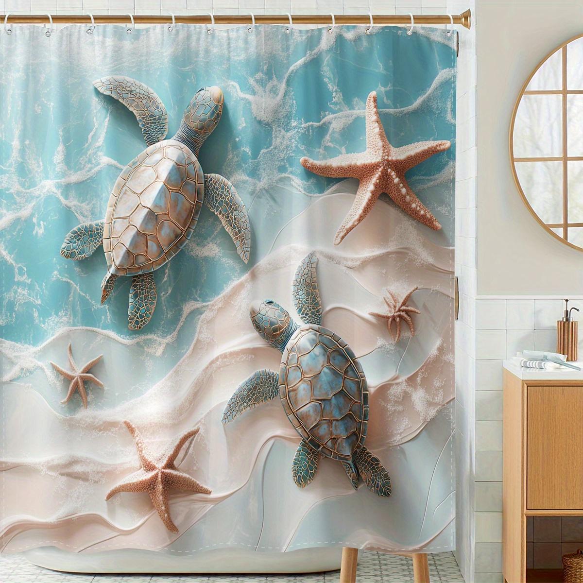

1 cool turtle and starfish shower curtain with bright blue and green turtles and starfish, perfect for bathroom decoration 90X180cm