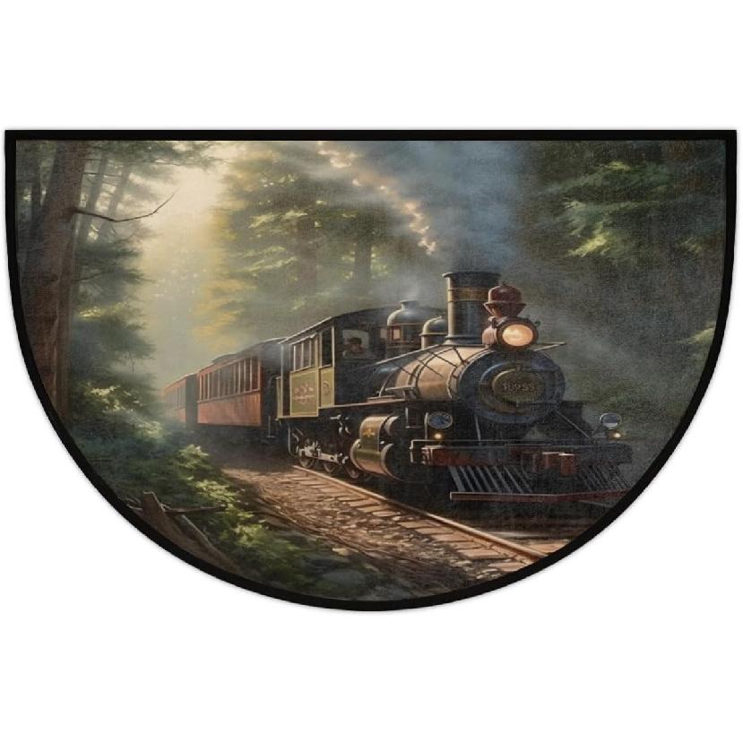 Half Round Door Mat, Steam Trains Non-Slip Half Circle Area Rug Railroad Forest Doormat Washable Durable Home Decor Half Moon Rug for Floor Indoor