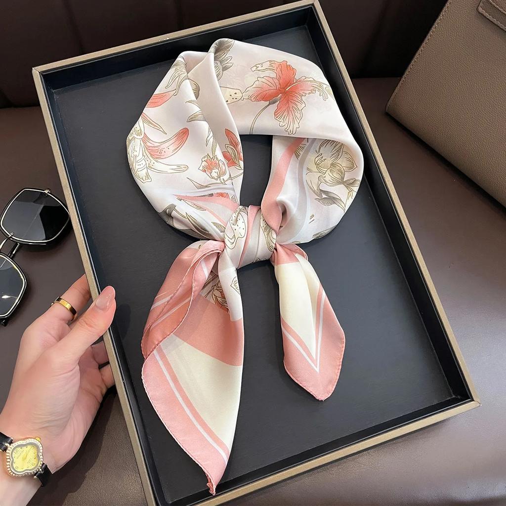 Luxury Design Floral Print Scarf Women Imitation Silk Square Neckerchief Hairbands Foulard Female 70x70cm Bandanas
