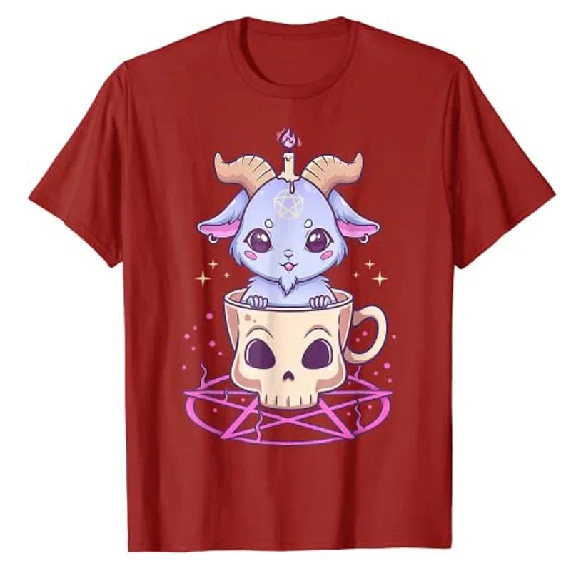 Kawaii Pastel Goth Niedlich Gruselig Pentagramm Baphomet Ziege T-Shirt Anime Manga Liebhaber Grafik T-Shirt Ästhetische Kleidung Halloween Kostüm