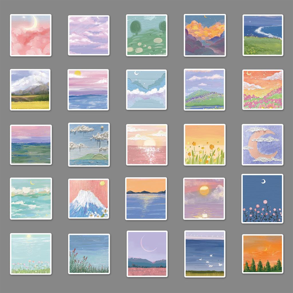 100 Landscape Oil Paintings Graffiti Personalized Small Fresh Guka Manual Account DIY Skateboard Suitcase Stickers Waterproof