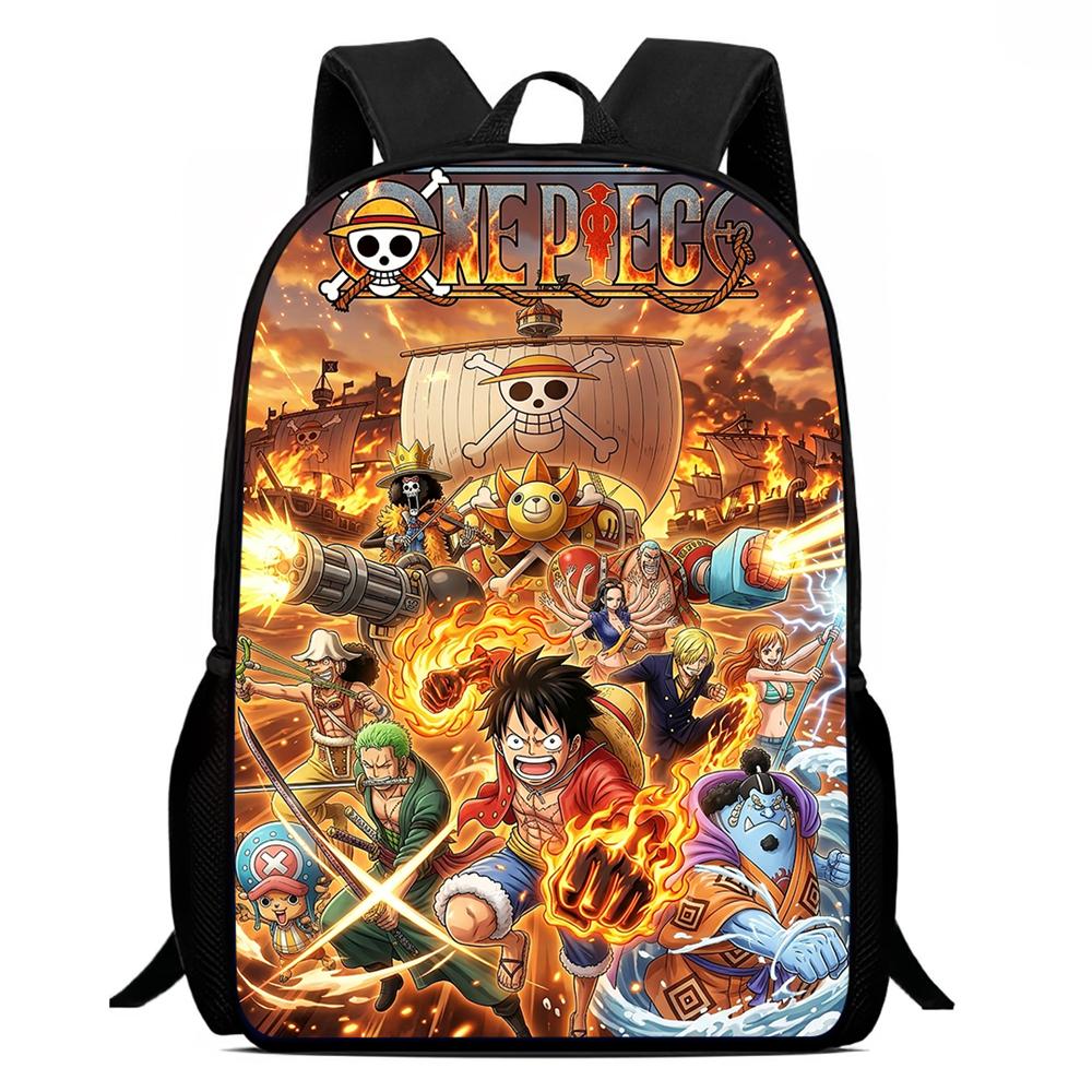 15 Inch Cartoon One Piece Mochila Backpack, Light Weight Unisex School Backpack for Boys Girls Age 6-10 Casual Travel Daypack