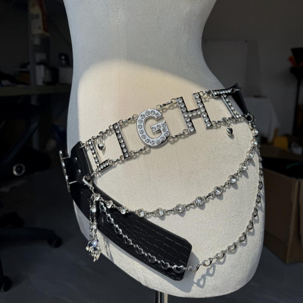 

Панк Буквы Стразы Ремни Модный Дизайн Ковбойский Пояс Ретро Поясная Цепь для Клубной Вечеринки Black-LIGHT