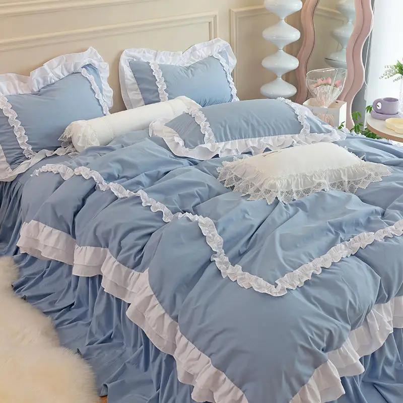 Princess Ruffle Duvet Cover Set Bed Skirt Pillowcase Four Seasons 4pc Beddin Quilt Cover Sheet Double Bed Queen King