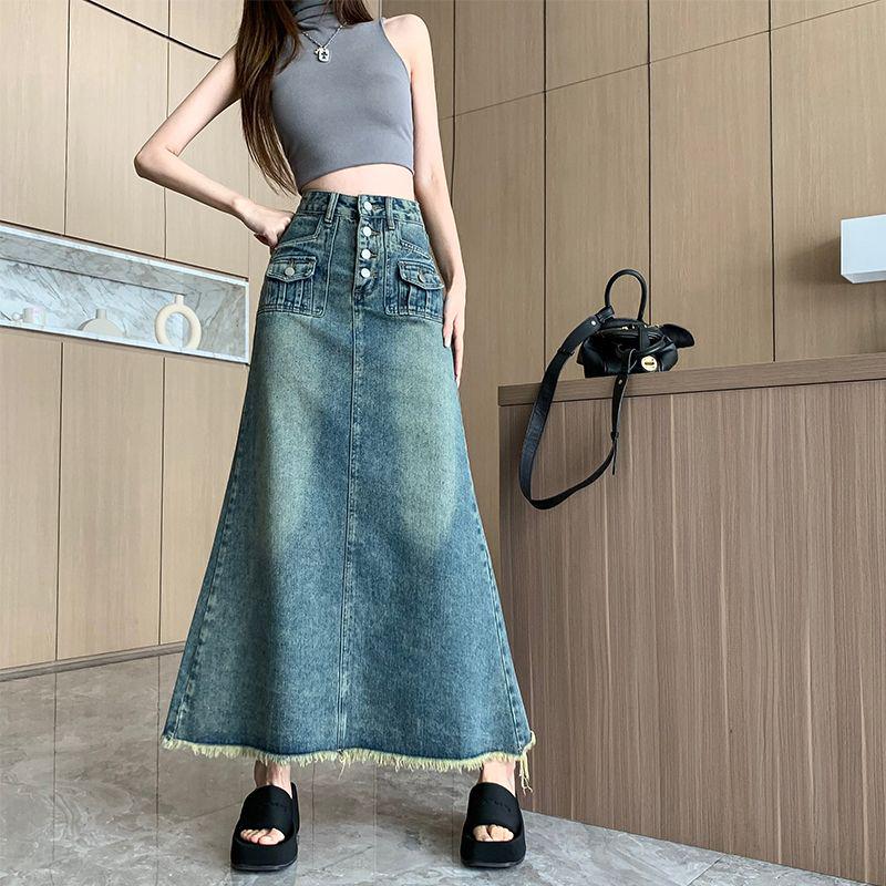 

Ретро-синяя джинсовая юбка А-силуэта с высокой талией для женщин - весна/лето 2024 Ins Style L