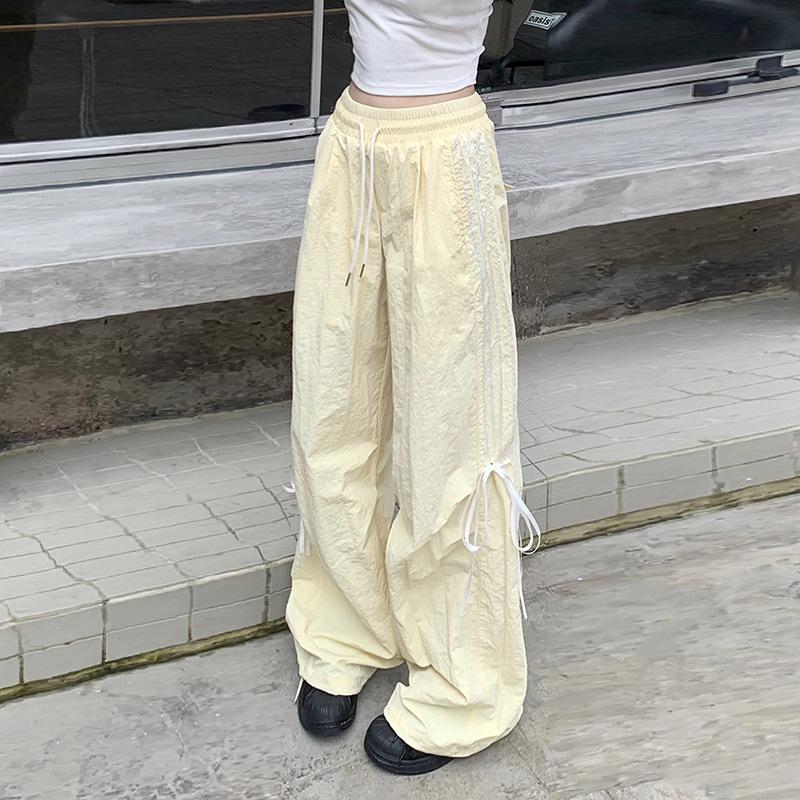 Spring and Summer Striped Splicing Lacing Solid Colour High Waist Commuter Casual Slim Women's Pants