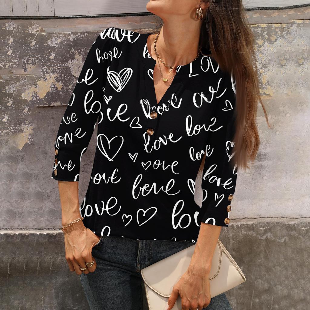 Women's Loose 7,inch Sleeve Top with Heart Print