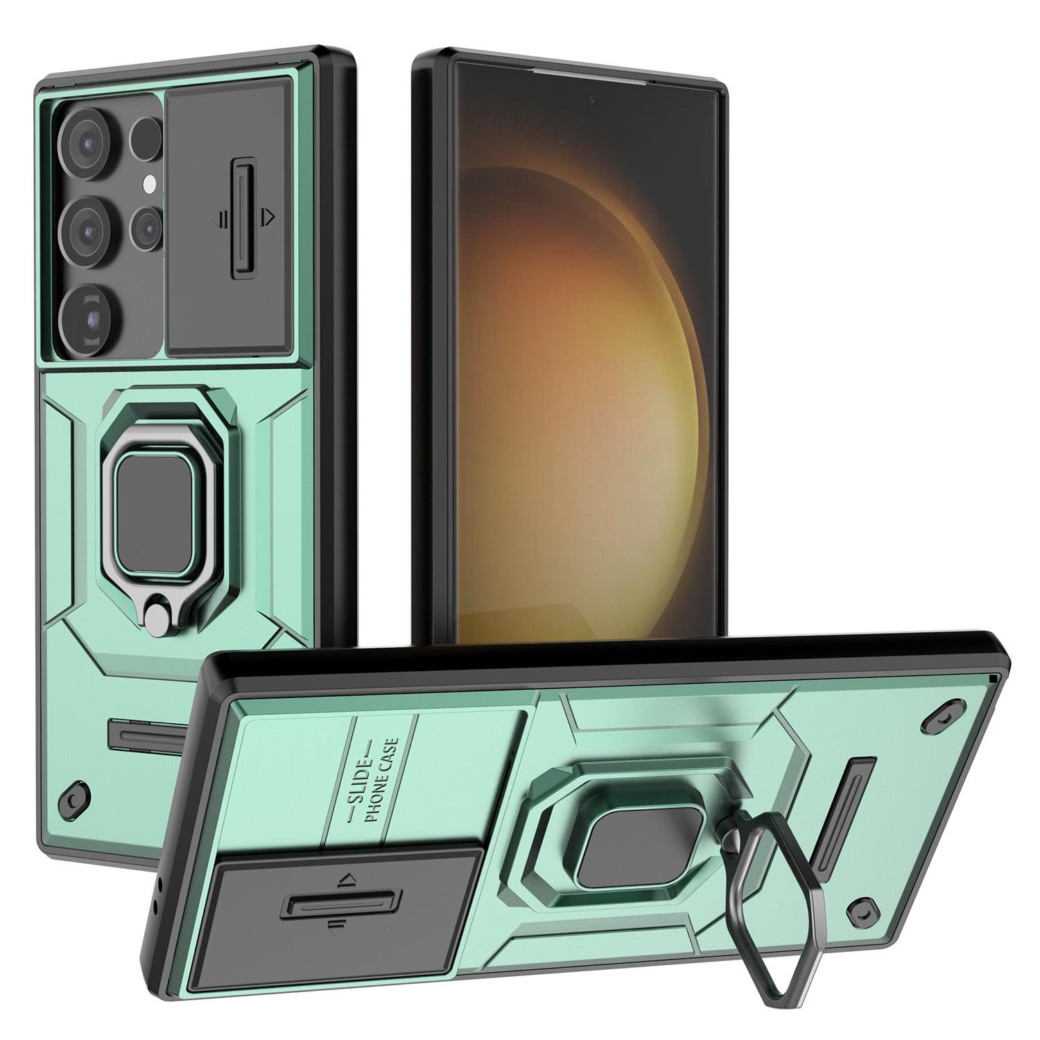 

For Samsung Galaxy S24 Ultra Case Anti-Drop PC+TPU Kickstand Cover with Slide Lens Protection Green