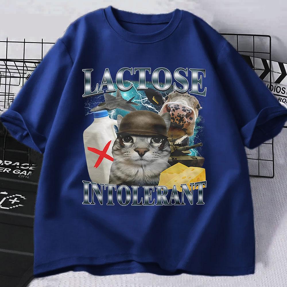Lactose Intolerant Funny Cat Meme T-Shirt Men Women Retro Fashion Short Sleeve T-shirts Cotton Casual Cozy Oversized T Shirts