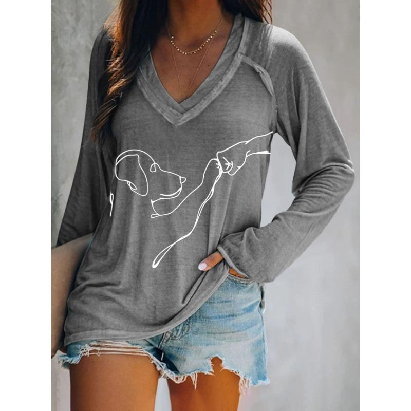 ilstile Women's Dog Print T-Shirts Summer Casual Loose Long Sleeve V Neck Tops White Black Blue Green T Shirt Hot Sale
