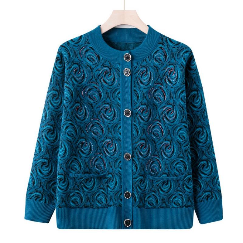 Fashion Mom Crew Neck Knitted Sweater Jacket Medium Old Women's Autumn Sweater Grandma Old Lady Crew Neck Cardigan