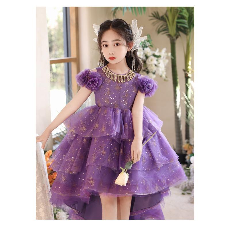 Kids Purple French Princess Evening Gown, Girls Host Wedding Flower Girl Piano Dress