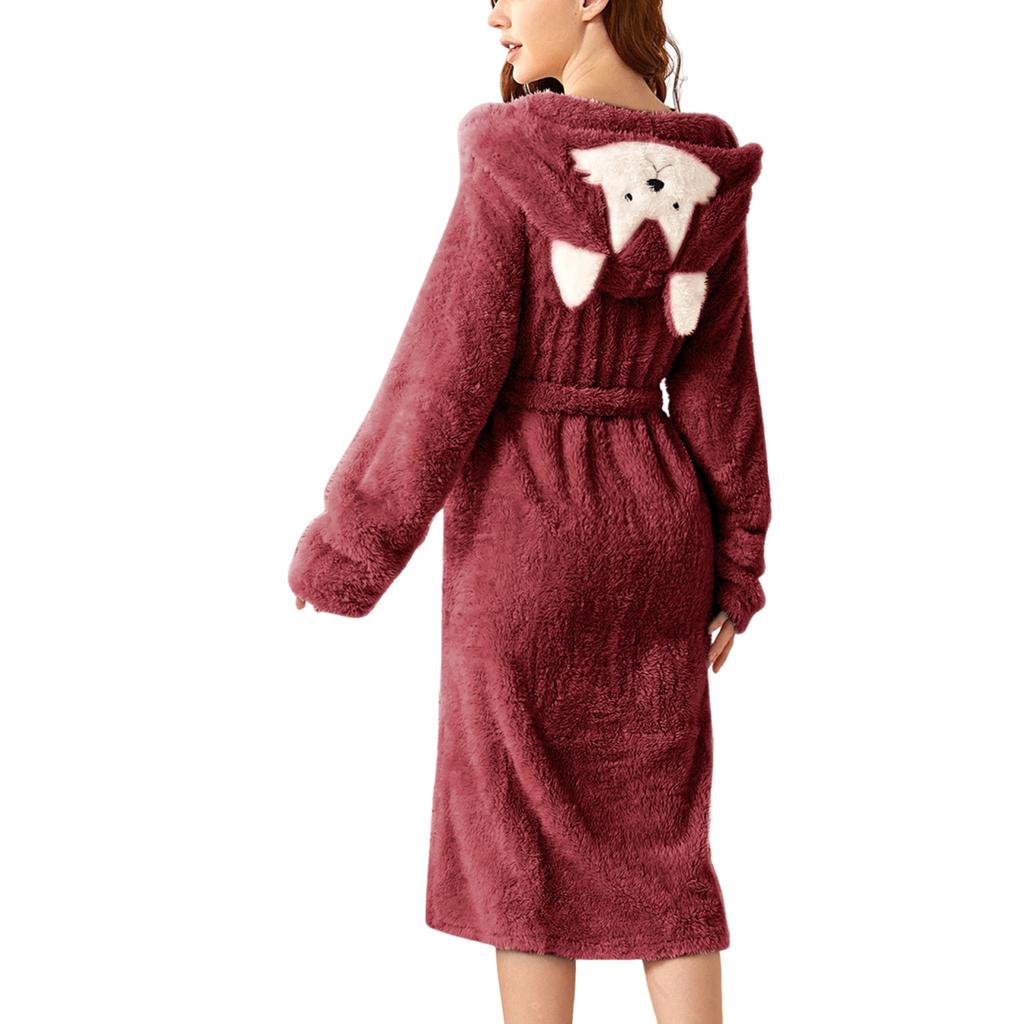 Women's Fleece-Lined Pocket Ear Cap Solid Color Bathrobe