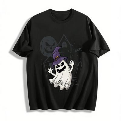 Spooky Witch Hat Ghost Halloween Graphic Casual Top Pure Cotton T-shirt