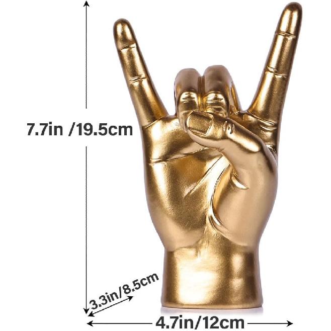 QIANLING 7.7" Gold Resin Rock On Hand Gesture Statue - Rock Culture Music Lovers' Decorative Tabletop Sculpture for Bookshelf, Desk & Mantel Decor in
