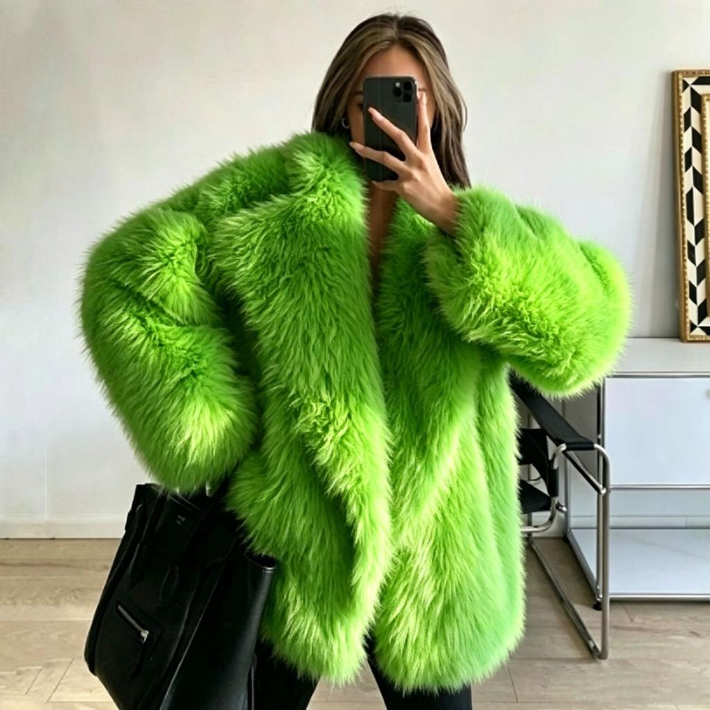 New winter imitation fox fur jacket, suit collar medium and long women's fashion loose suit collar coat