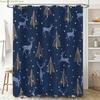 Modern Christmas Shower Curtain with Elk Pine Tree Design Waterproof Fabric for Bathroom Decorations Navy Blue + Gold Pattern