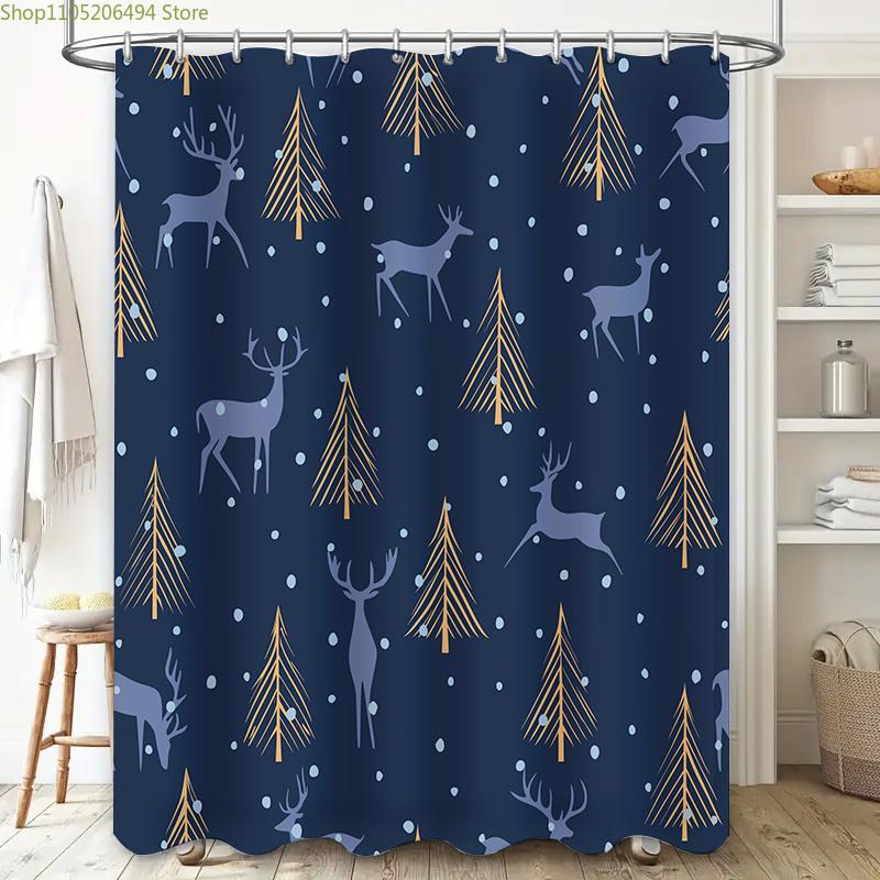 Modern Christmas Shower Curtain with Elk Pine Tree Design Waterproof Fabric for Bathroom Decorations Navy Blue + Gold Pattern