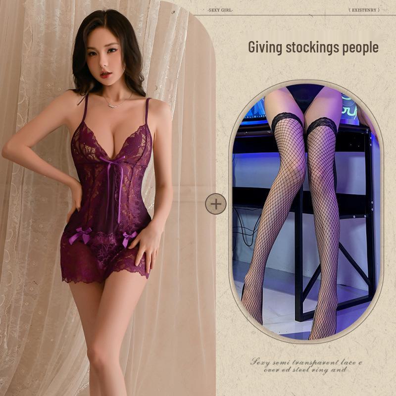 Tiefviolettes Spitzen-Cutout-Netz-Nachthemd mit Bindeband