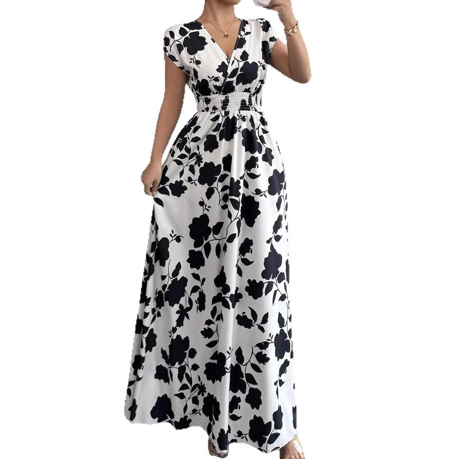 Rose Print V-neck Short-sleeved Slim Dress - Elegant Summer Women's Clothing 2026