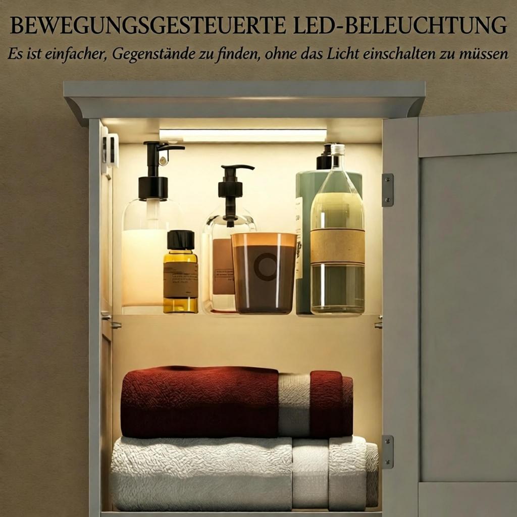 Bathroom column furniture with LED lighting, narrow bathroom storage cabinet with drawer and 2 doors, freestanding tall cabinet