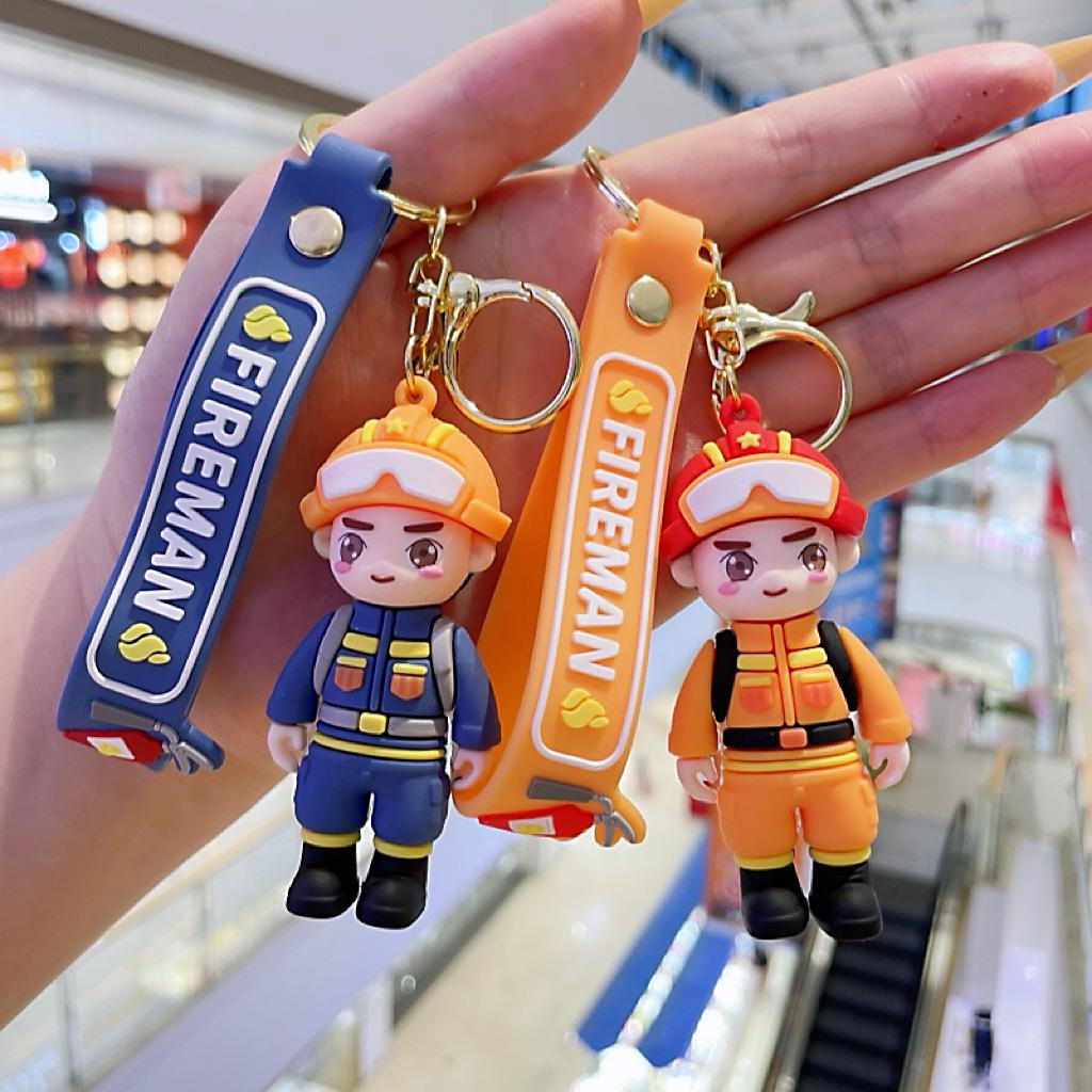 Firefighter & Traffic Police Cartoon Keychain: Cute Car Accessory & Bag Ornament Holiday Gifts.
