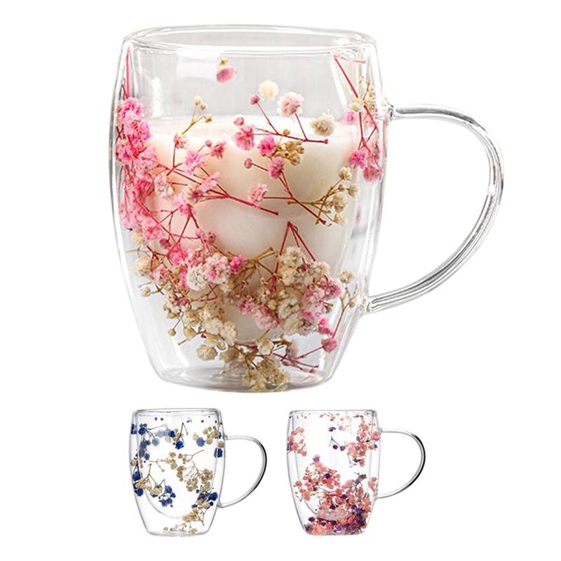 Creativo Fiore Vero Doppio Vetro Alto Livello Estetico Pieno Stella Fiore Secco Tazza per Caffè al Latte 350Ml Tazza per Uso Domestico