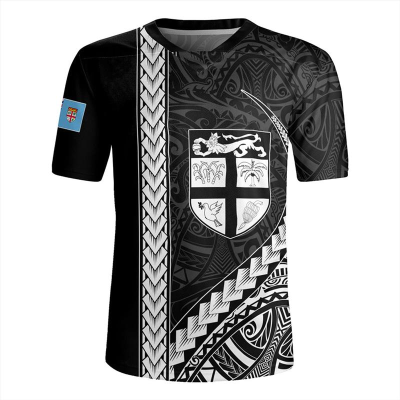 The Republic-of Fiji Flag 3D Printing V Neck T Shirt Fiji Rugby-Jersey Emblem Graphic V neck