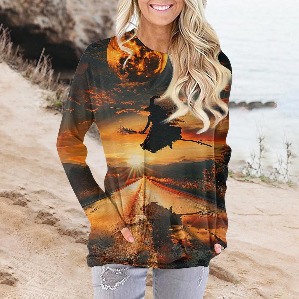 Damenmode Lässig Rundhals Print Langarm Tasche T-Shirt Top