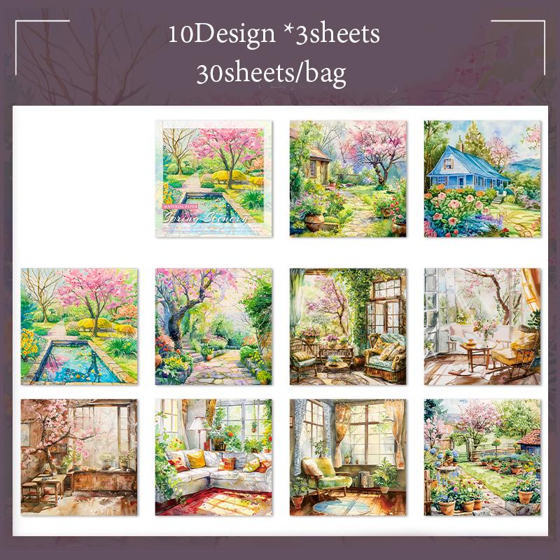 30sheets/bag  Material Paper Spring Watercolour Landscape Handbook Stationery DIY Handmade & Scrapbook Journal Decoration