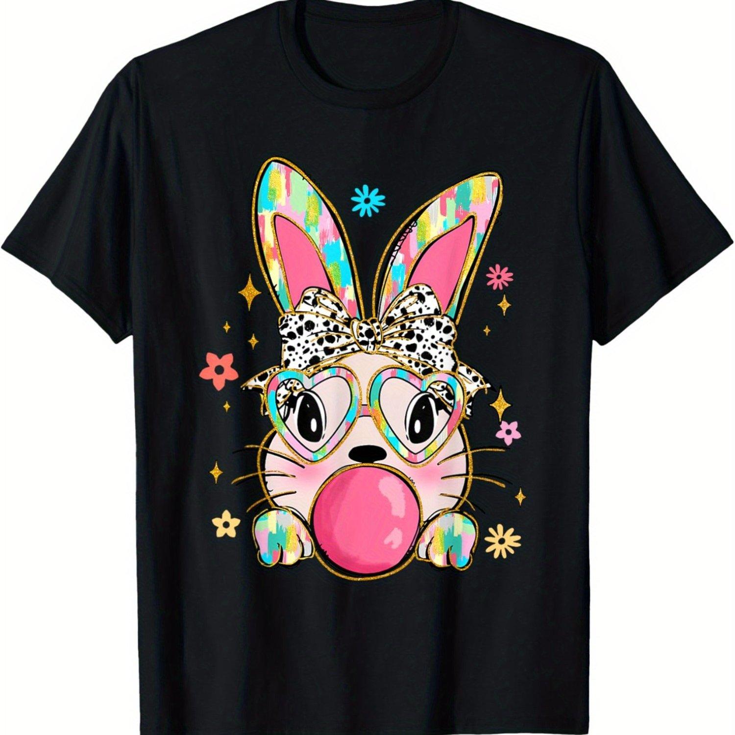 Женская хлопковая футболка с графическим принтом  Кролик жует жвачку , разноцветными звездами и леопардовым принтом, с бантом S