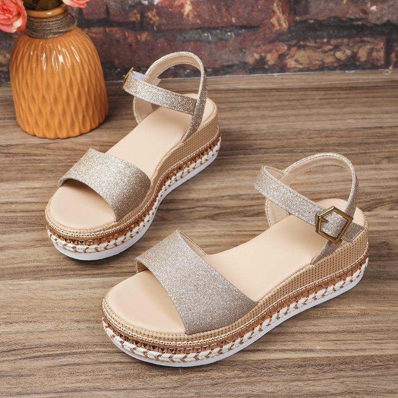 

Женские сандалии-клинья с рыбьим носком большого размера, весенне-летние сандалии на высоком каблуке с пряжкой, сандалии на подошве из пеньковой веревки с заклепками 41 золотой