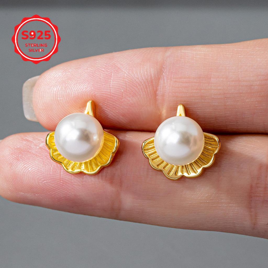 Korean Style S925 Sterling Silver Ginkgo Leaf Crystal Pearl Stud Earrings