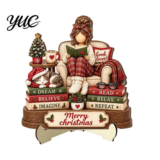 Christmas Shelf Decor Book Lover Gifts for Women, Just A Girl Who Loves Wooden Plaque, Holiday Ornaments 2D Flat Reading Block Sign with Stand