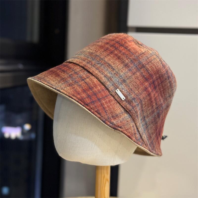 Striped plaid thin age-reducing fisherman hat children autumn warm woolen cap irregular bucket hat tide
