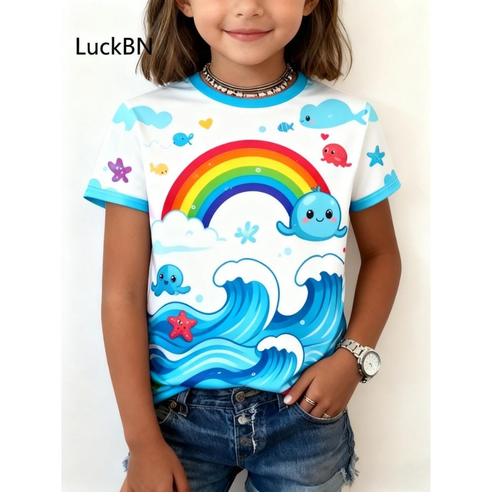 Kinder 3D-Druck Wassertropfen Regenbogenfarben T-Shirts Mädchen Herz Steine Mode Weiche Bequeme T-Shirts Kinder Top