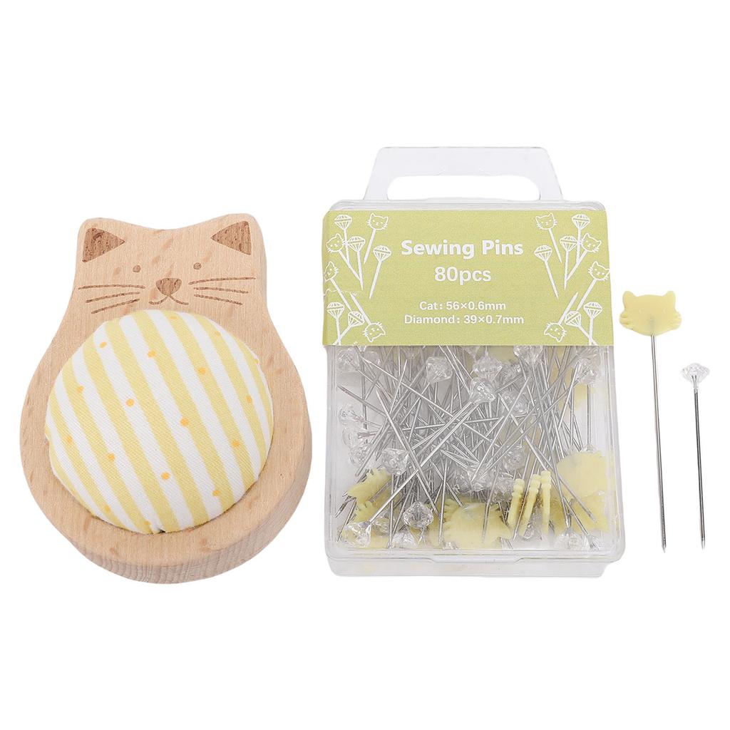 Sewing Pins Cushion Set 80PCS Straight Quilting Pins and Wooden Base Needle Pincushion with Storage Case