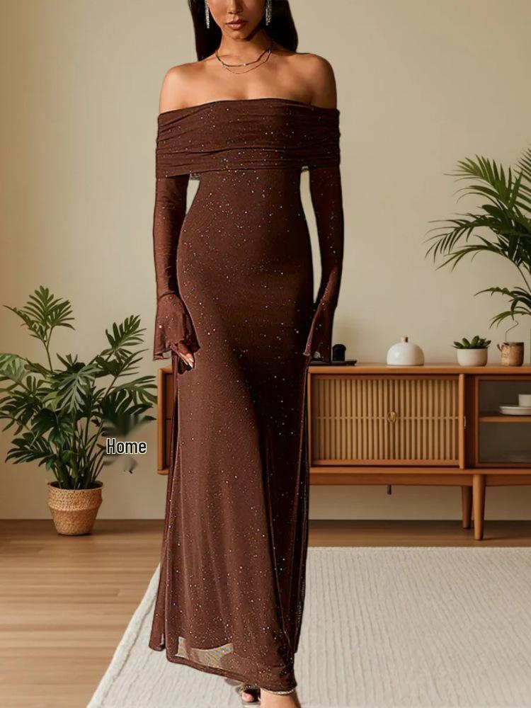 

Элегантное сетчатое платье с открытыми плечами и длинными рукавами-фонариками для весны 2025 L темно-коричневого